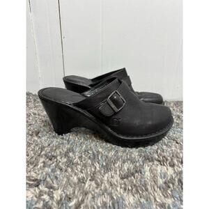 Born Shoes Womens 8 Black Leather Buckle Mule Clogs Slip On Heeled Hooded